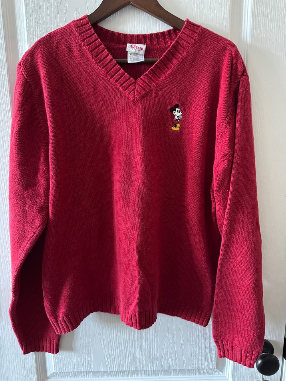 Disney Red V-Neck Sweater with Embroidered Mickey